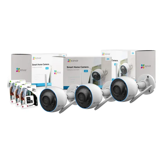 Kit 3 Cámaras Seguridad Ip Ezviz Wifi Exterior Color 2k+64gb