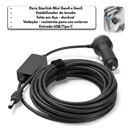 Cabo 12v Starlink Mini Estabilizador Dc Usb Tipoc 5m Cinzero Preto 12v