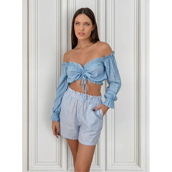 Paisana Crop Top Manga Larga Volados Con Frunce Mujer