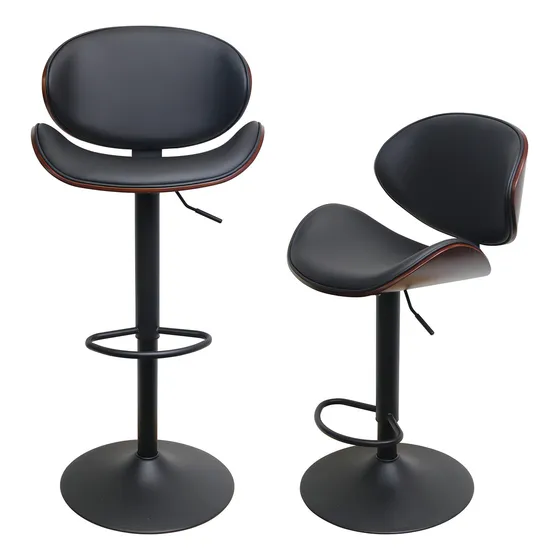 Fohfurniture - Taburetes De Bar De Madera Curvada Con Tapicería De Cuero Pu Y Base De Metal, Giratorios Y Regulables En Altura (juego De 2, Base De Metal Negro)