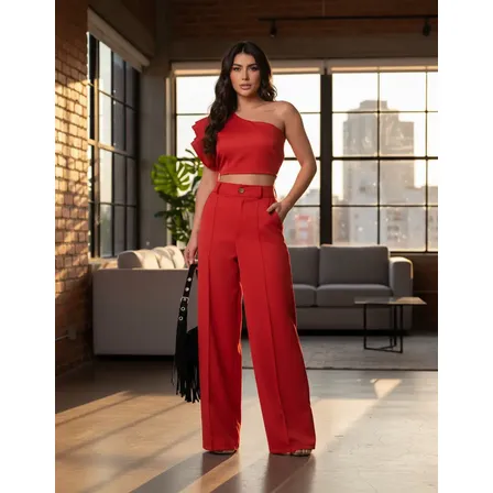 Conjunto Feminino Cropped Nula Manca Calça Social Pantalona