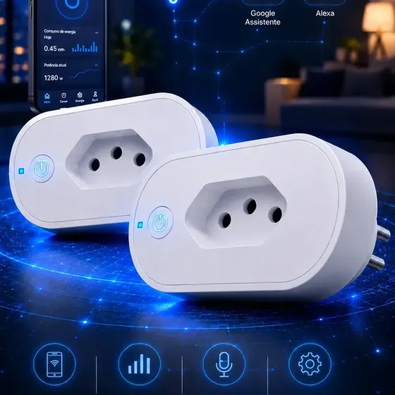 Kit 2 Tomada Inteligente Wi-Fi 16A Bivolt Qonex Automação Smart Plug Interruptor com Monitor de Cons