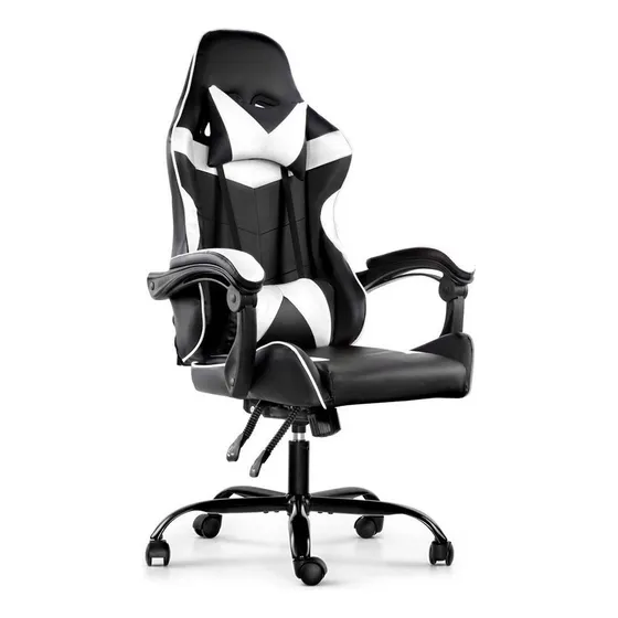 Silla de escritorio Lumax Gamer ergonómica blanca y negra con tapizado de cuero sintético