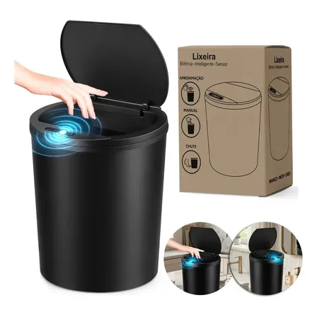Caixote De Lixo Redondo Inteligente Com Sensor Automático 18l Adequado Para Casas De Banho Cozinhas E Escritórios Design Moderno Cor Preto Preto-2