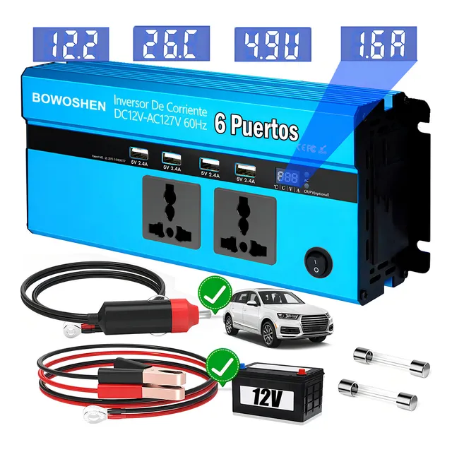 Inversor De Potencia Inversor De Corriente Para Coche 1000W - 2000W 2 AC Y 4 USB DC12V a AC127V Inversor de 12V Alta Potencia Con Pantalla Digital Inteligente