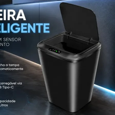 Lixeira Inteligente Automática Preta Universal Com Sensor Recarregável EarMan company Anti Odor 16L Recarregável USB