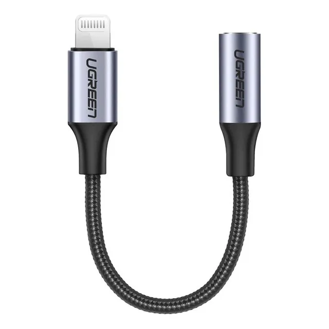 Adaptador de Auriculares Lightning Ugreen a 3.5mm Certificado MFI 100% compatible con dispositivos Apple Ideal para llamadas, Música y Control de Línea Caja de Aluminio Nylon Trenzado