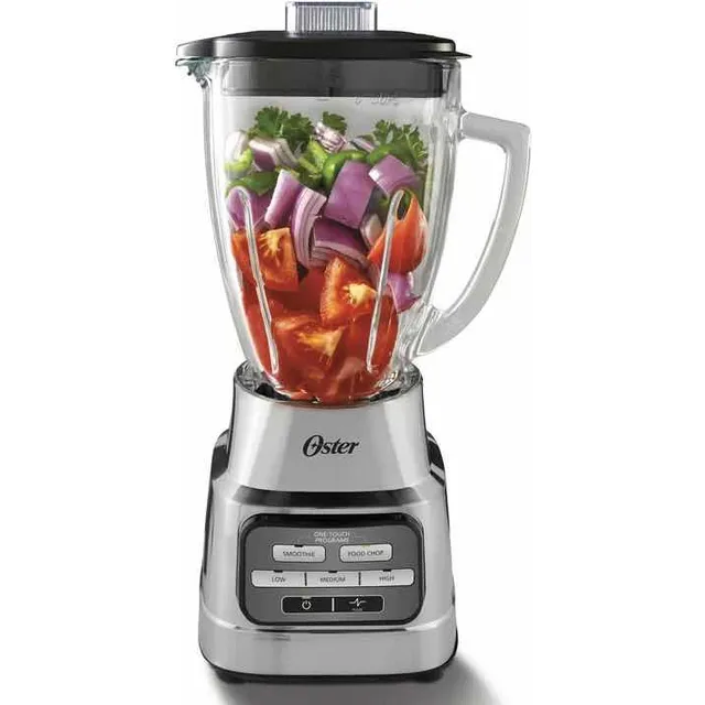 Oster Licuadora One-touch Plateada con 2 Programas Automáticos 6 Velocidades, Vaso de vidrio 1.5 L 120V