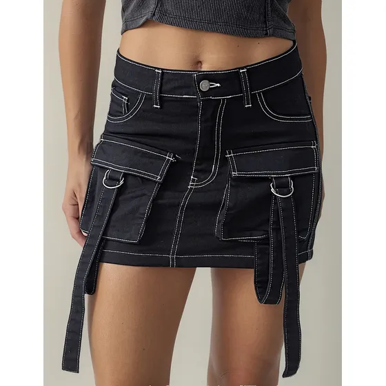 Pollera Jean Cargo Jean Negro Con Tiras Ajustables Rígido