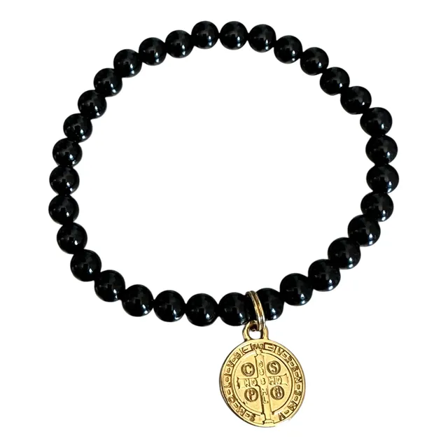 Pulsera Obsidiana Medalla San Benito Ench Oro Exclusivas