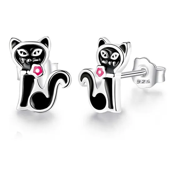 Aros Gato Negro Plata Fina 925 / Todojoyas