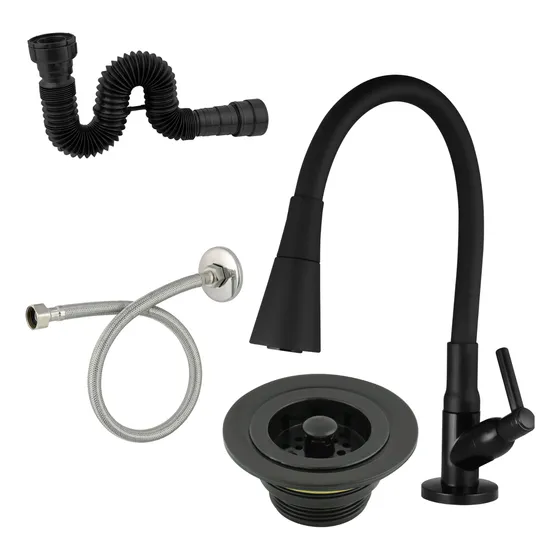 Torneira Gourmet Flexível Bancada Mesa Abs Preta Completa