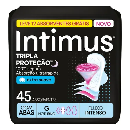 Absorvente Intimus Tripla Proteção Noite Suave Com Abas, Fluxo intenso, 45 unid