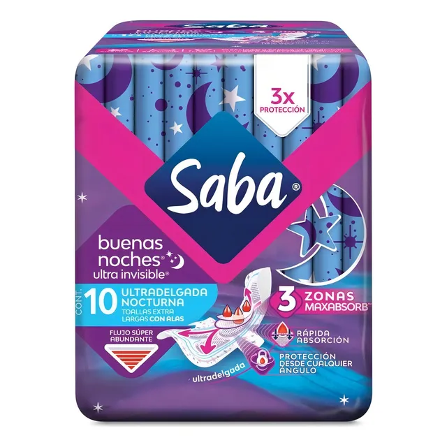Toallas Femeninas Saba Ultra Invisible Buenas Noches Ultradelgada con Alas 10 Toallas