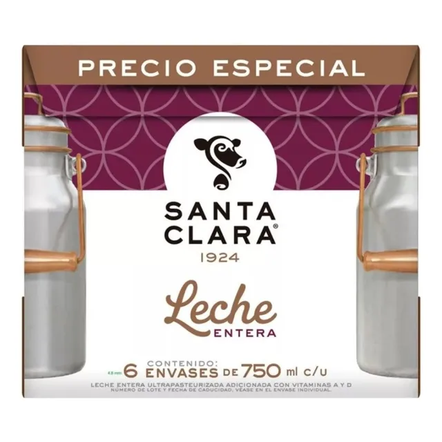 Leche Santa Clara Entera 1 Pack Con 6 Leches De 750 Ml C/u