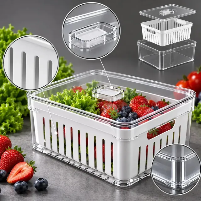 Organizador de Geladeira 2,2L com Cesto de Drenagem Plástico Livre de BPA Tampa com Trava