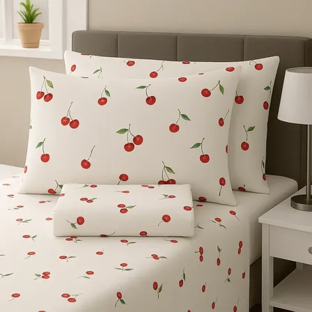 Jogo De Lençol Casal Estampado 3 Peças Algodão Tecido Macio Vermelho Cereja