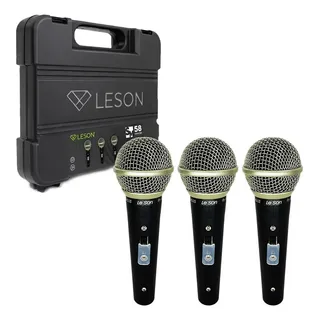 Kit 3 Microfones Sm58 K3 Preto Profissional Leson Com Maleta Preto