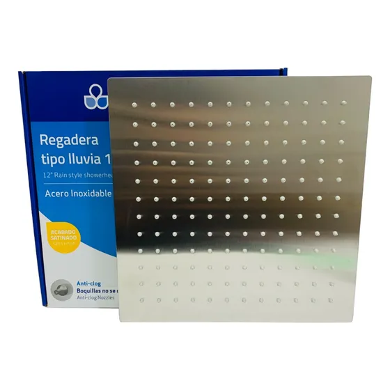 Regadera Cuadrada Plana Acero Inox  Satinada 12'' Griven