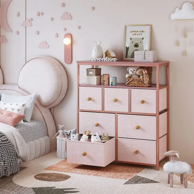 Comoda Fabeto FAEH Cajonera Para Recamara 7 Cajones De Tela Color Rosa Acabado Madera