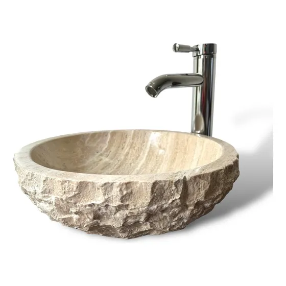 Lavabo Ovalin De Mármol Media Esfera Rustico 35cm Beige.