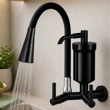 Torneira Cozinha com Filtro Preto Gourmet Flexível 2 Jatos Cone Preto Black Parede