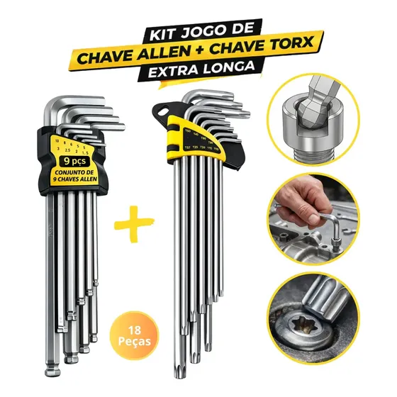 Kit Jogo Chave Allen E Torx Extra Longa 18 Peças Profissional Aço Reforçado Kit Completo