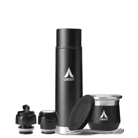 Kit Termo Bala Lukout 750ml + Mate 170ml + Tapas Y Bombilla Color Negro