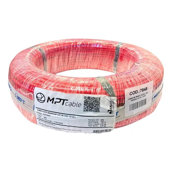  Cabo De Rede Cat5e Cmx Vermelho Mpt 100 Metros