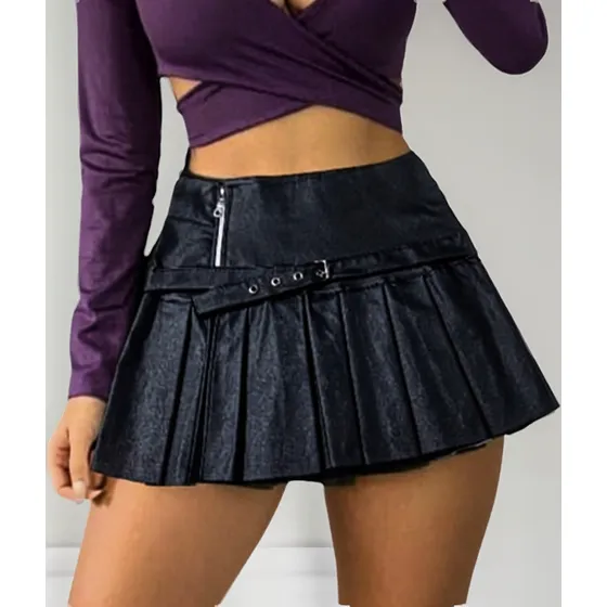 Pollera Engomada Mujer Falda Tajo Tableada Volados Dama Moda