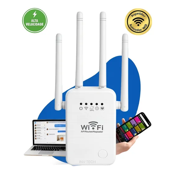 Repetidor Sinal Roteador Wi-Fi 4 Antenas De Alcance 2.4GHz Internet wifi Inv Tech Alta Potencia Wireless Fácil Instalação Extensor