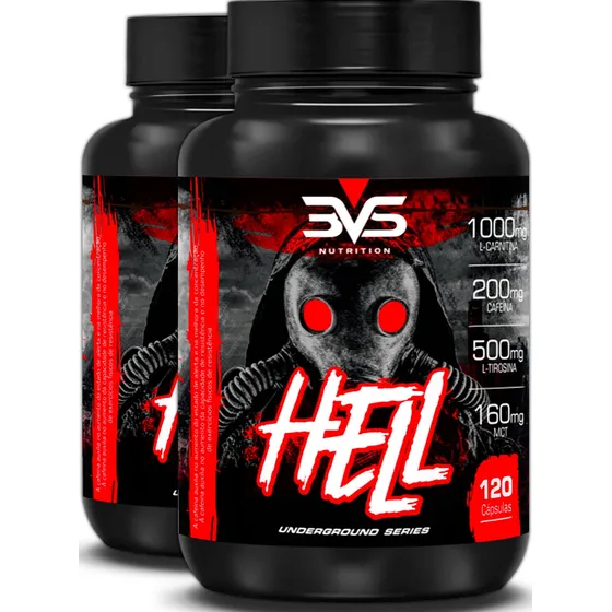 02 Potes do Termogênico Hell - Fórmula Exclusiva Contendo 7 Ingredientes Com Cafeína, L-carnitina, L-tirosina, Mct, Picolinato De Cromo E Vitaminas - 240 Cápsulas