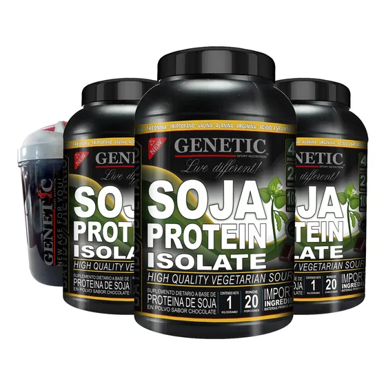 3 Proteinas Soja Veganos 3 Kilos + Vaso Shaker Black Genetic