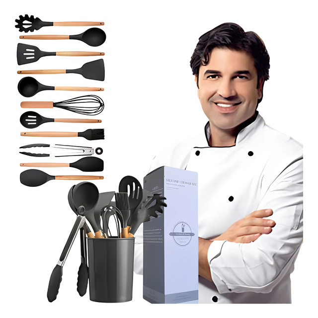 Kit Utensílios De Cozinha Preto Silicone Cabo De Madeira Kit Utensílios De Cozinha Preto Silicone Cabo De Madeira