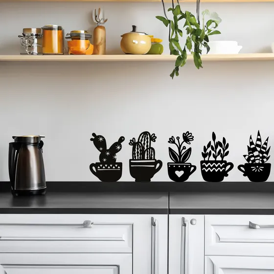 Cuadro Madera Enchapado Calado Moderno Cafe Maceta Cactus Arbol Plantas Imback Color Negro