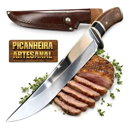 Faca Picanheira Artesanal De Churrasco Profissional Aço Inox Full Tang Corte Preciso 12 Polegadas Bainha Couro Cozinha... Marrom-escuro