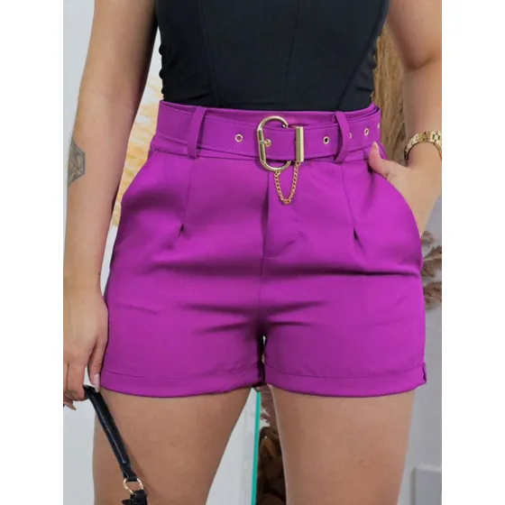 Short Alfaiataria Feminino Social Com Cinto Cintura Alta