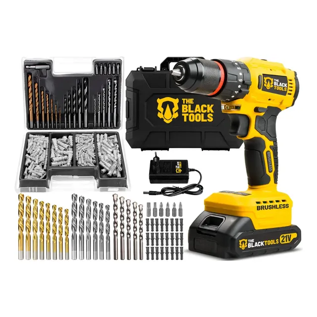 Parafusadeira Furadeira De Impacto Brushless 21v Tb-21b Maleta The Black Tools + Jogo Brocas Bits Buchas 300 Peças
