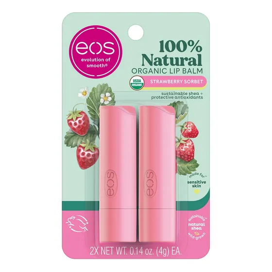 Eos Bálsamo Labial Fresa S. Karité Orgánico 100% Natural X 2