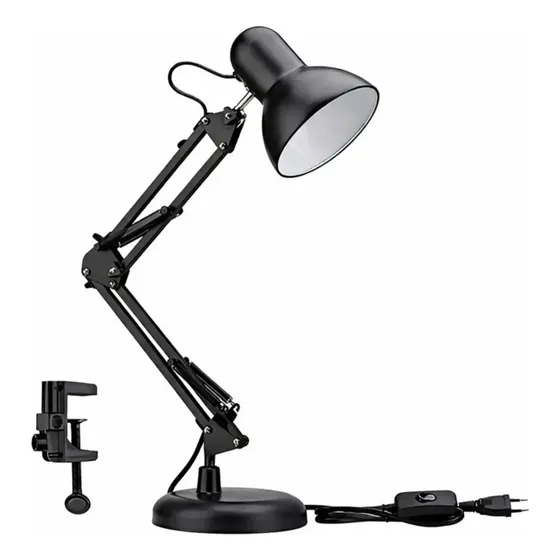 Luminária de Mesa Bravvi Articulável Preta em Metal Com Base e Garra Para Leitura e Estudo