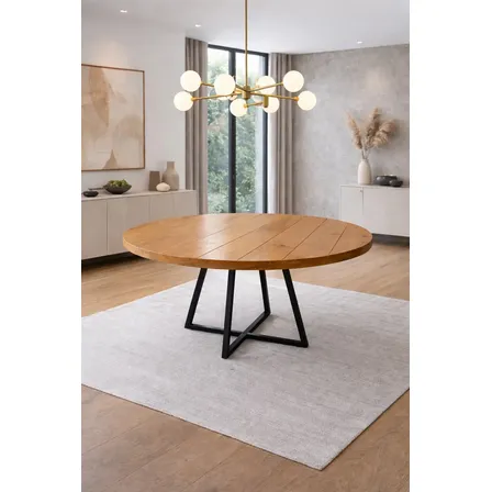 Mesa Industrial Redonda 130cm Madeira Maciça 8 A 10 Lugares Amêndoa Preto