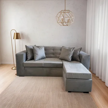 Sofa 3 Cuerpos Tipo L Gris Felpa Gris Felpa
