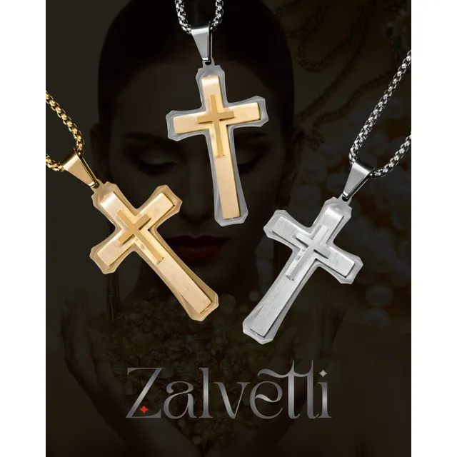 Collar Triple Cruz De Acero Inoxidable, Estilo Zalvetti