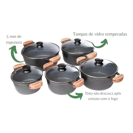 Jogo Caçarola Cinza Cerâmica Aluminio Fundido Tampa Vidro