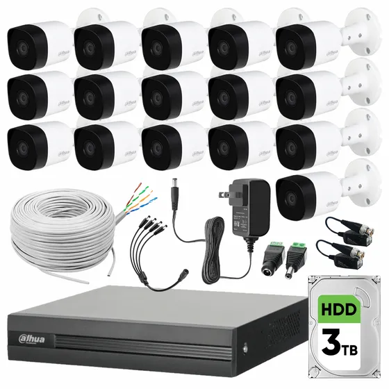 Kit Videovigilancia Cronos 16 Cámaras Dahua Bala B1A21 2MP + HDD 3TB + Bobina + Accesorios - Kit CCTV KIT16CH-2MP-16CB-3TB (DVR Dahua XVR1B16-I Circuito Cerrado)