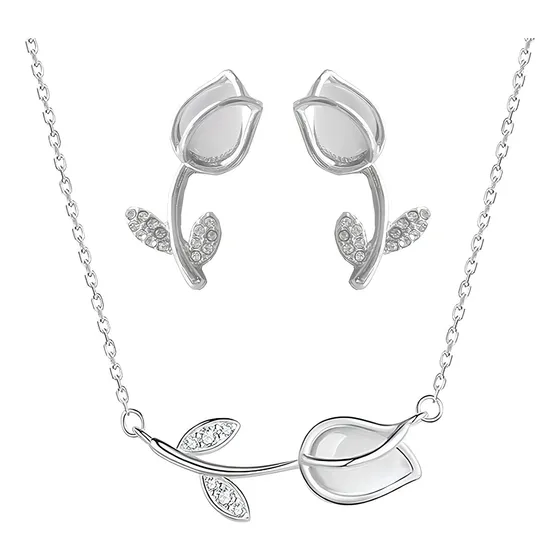  Tender Lihome Collar Y Aretes De Flor Tulipan Chapado En Plata 925 Incluye Caja De Regalo Plateado