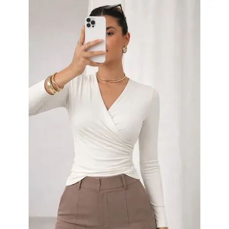 Blusa Feminina Suplex Manga Longa Decote V Slim Off-white Gg