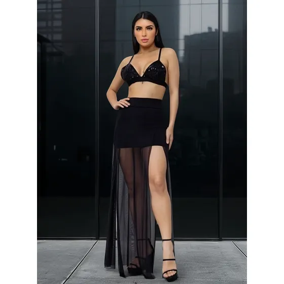 Short Saia Feminino Tule Com Fenda Lateral  Festa Balada