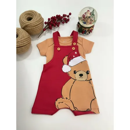 Conjunto Jardineira Bebê Suedine Natal Urso