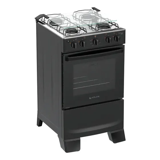 Fogão 4 Bocas Atlas Mônaco Plus com Mesa de Inox Automático Preto Bivolt